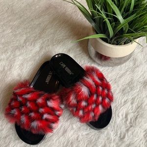BRAND NEW Red Fur Slides